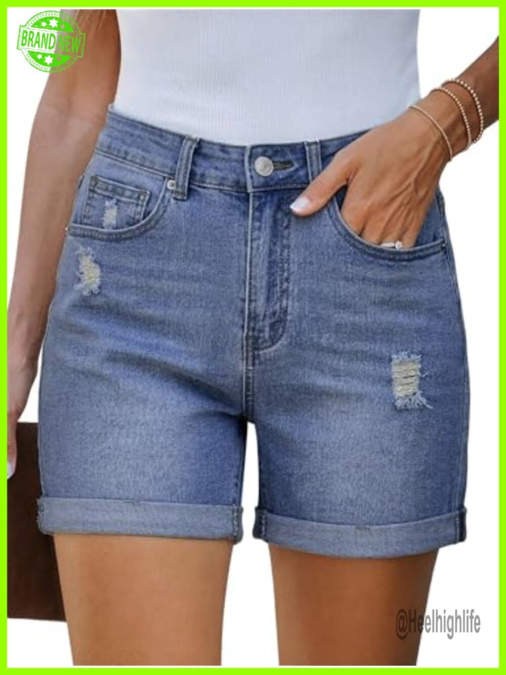 Women's Mid-High Waisted Ripped Stretchy Denim Shorts Rolled Hem Casual Summer